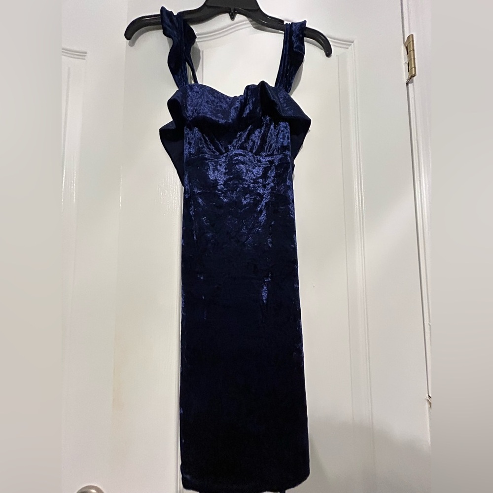 Essue Midnight Blue Crush Velvet Dress Tie back NWT size small